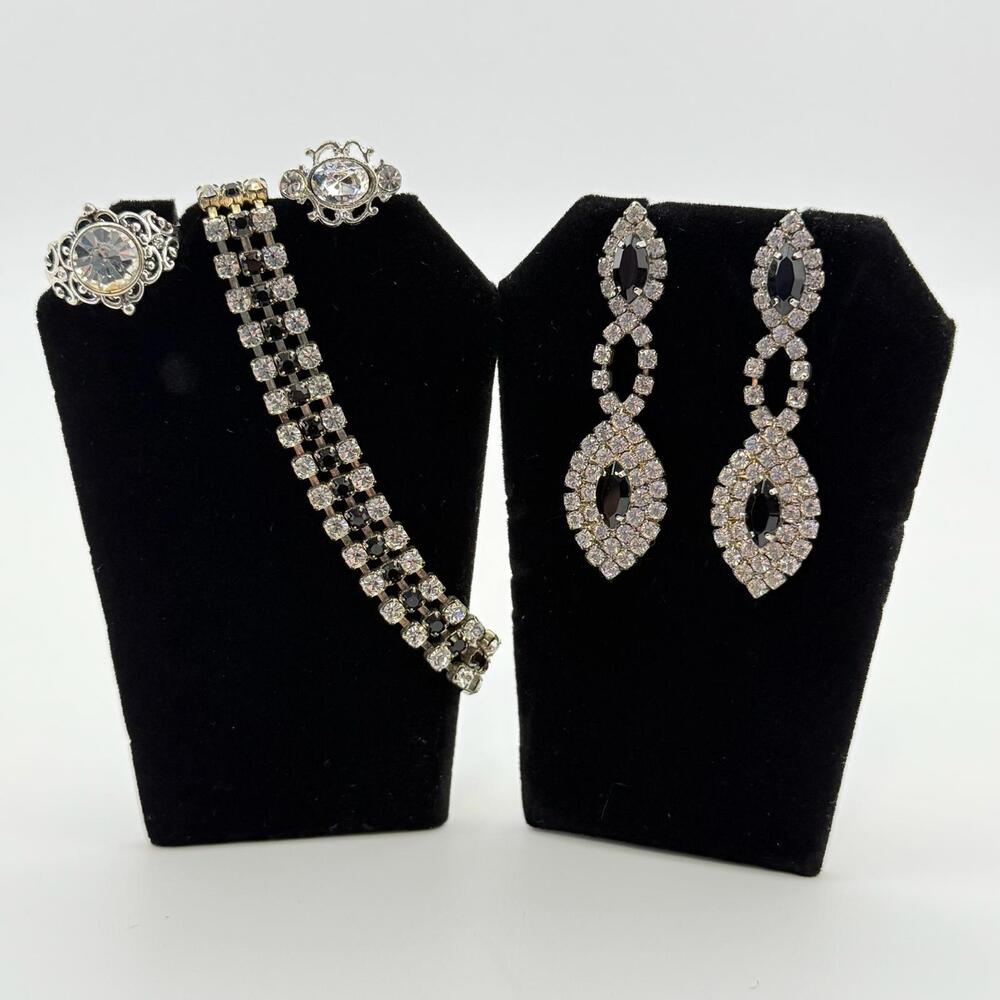 Vintage Rhinestone Jewelry Set – Bracelet, Earrings, Ring & Pin